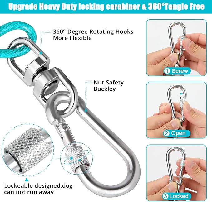 Jenico Dog Tie Out Cable - 10/15/20/30/40/50/70/100/150FT Runner Cable with Swivel Hook and Shock Spring, Outdoor and Camping Dog Leash Run Tether for Small to Medium Pets Up to 500 LBS