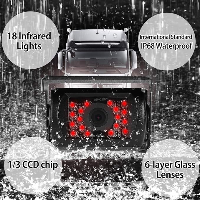 Backup Camera System Kit 7" LCD Reversing Monitor +Rear View Back Up Camera with 170 ° Wide Angle, Waterproof IP68, 18 Infrared Night Vision for Trucks/RV/Trailers/Bus/Vans/Box Truck