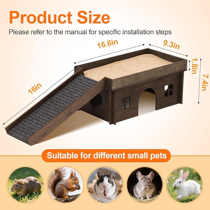 Guinea Pig Hideout, Upgraded Guinea Pig Castle House, Wooden Rabbit Hideout, Guinea Pigs Hideouts and Houses, Large Bunny House, Small Animal Chinchilla House Habitats with Stairs