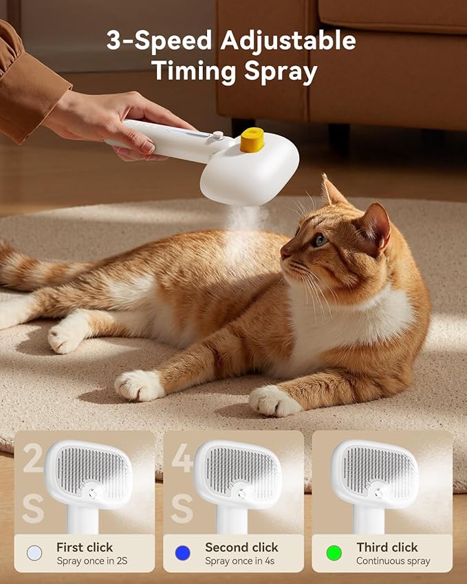 ROJECO 3-in-1 Pet Steam Brush for Cats&Dogs-Pet Spray Hair Removal Detangling Comb with Adjustable Mist,Handheld Deshedding Grooming Tool for Long/Short Hair,Massage Brush & Shedding Control,Cordless