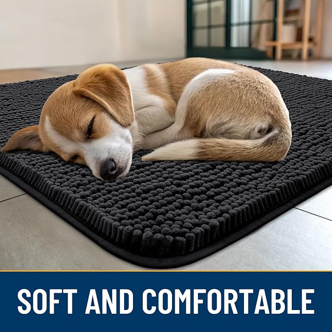 Smiry Dog Door Mat for Muddy Paws 59x24, Absorbs Moisture and Dirt Doormat, Non-Slip Washable Quick Dry Chenille Front Door Mat Indoor Entrance, Entryway Carpet for Inside Floor, Black