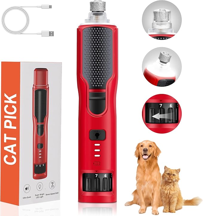 Dog Nail Grinder 7-Speed & 360° LED Light, Professional Pet Nail Grinder for Dogs and Cats, Electric Dog Nail Trimmer Painless Paws Grooming & Smoothing Tool for Large Medium Small Dogs Cats Pets