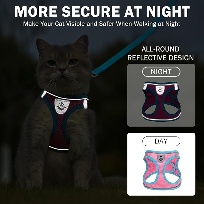 SCENEREAL Cat Harness and Leash Set Escape Proof, Adjustable Soft Air Mesh Kitten Harnesses for Girls Boys Small Medium Big Cats, Reflective Light Travel Pet Walking Vest for Puppy Rabbit, Pink S