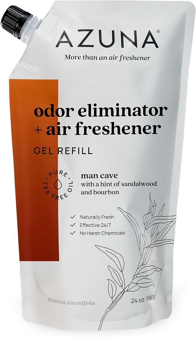 Azuna All-Natural Odor Remover Gel Refill Pouch | Air Purifier with Tea Tree Oil | Plant-Based & Long Lasting | For Pet Odors, Smoke & Strong Odors | Sandalwood/Bourbon, 24 oz.