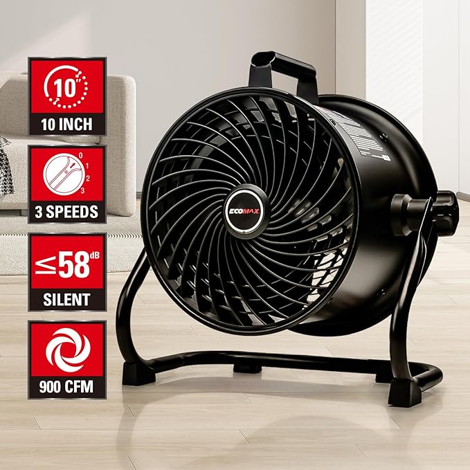 10-Inch High-Velocity Drum Air Circulator Fan, Heavy-Duty Shop Fan with 3-Speed & 360° Tilting Floor Fan for Warehouse, Industrial, Workshop