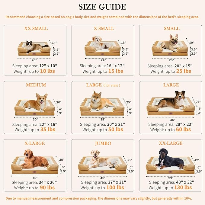Comfort Expression Large Dog Beds Waterproof Orthopedic Foam Dog Sofa Beds Comfy Pet Bed with Washable Removable Cover & Non-Slip Bottom(Large,Khaki)