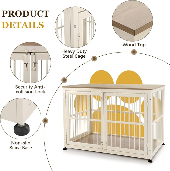 40 Inch Dog Crate Furniture for Large Medium Dogs, Wooden Heavy Duty Dog Kennel with Double Doors, Decorative Pet House Dog Cage Side End Table Indoor, Pet Cage Dog House, Beige