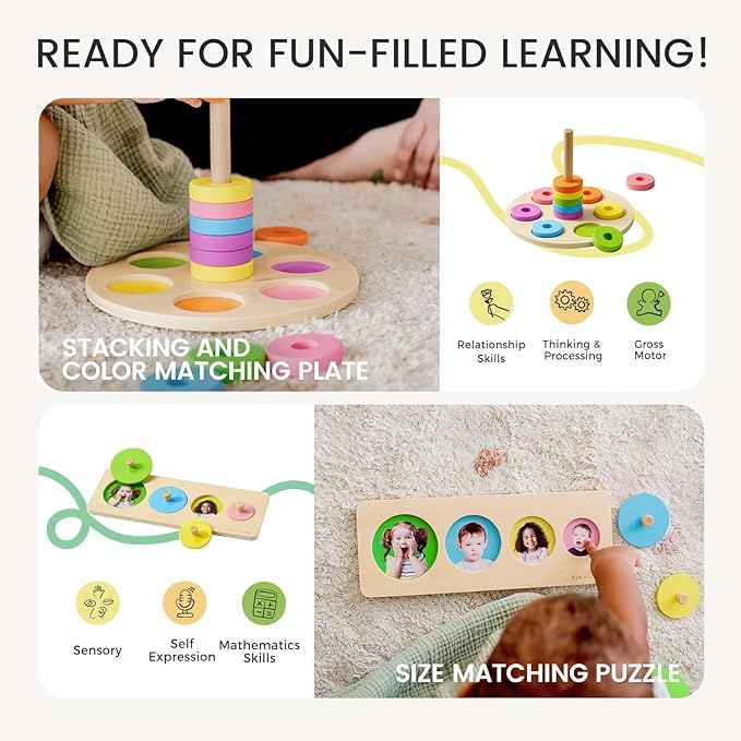 Tiny Land Montessori Toy Set for Baby 13-15 Months Explorer Play Kit - 7-in-1 Baby Drum, Carrot Harvesting and Coin Boxes, Stacking and Color Matching Plate, Size Matching Puzzle, Color Board Book