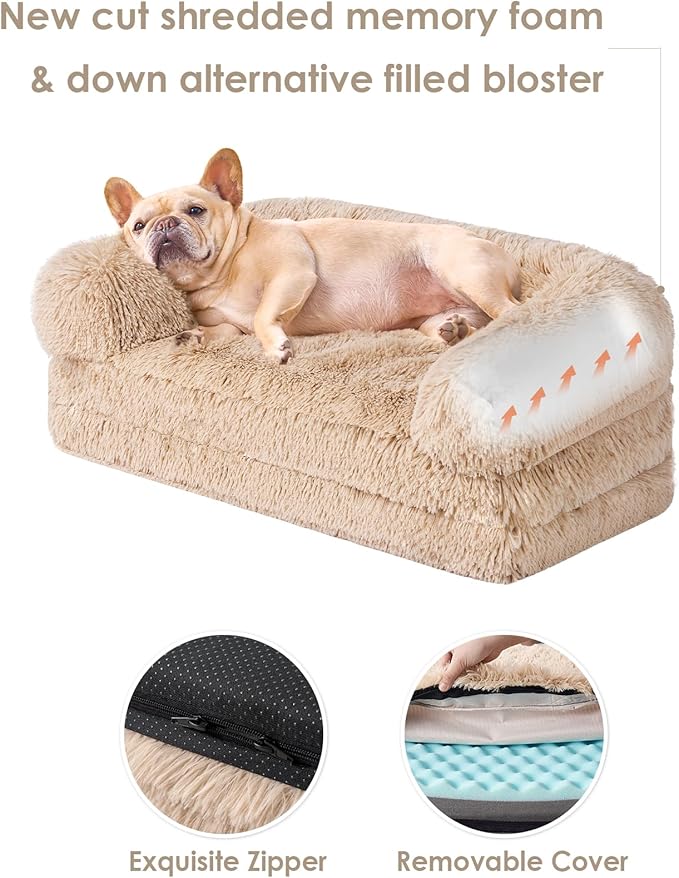 EHEYCIGA Foldable Dog Bed, Faux Fur Fluffy Dog Couch Bed, Orthopedic Calming Memory Foam Pet Bed for Small Dogs, Washable Soft Warm Pet Sofa Bed with Non-Slip Bottom, Camel, 40"x30"x6"