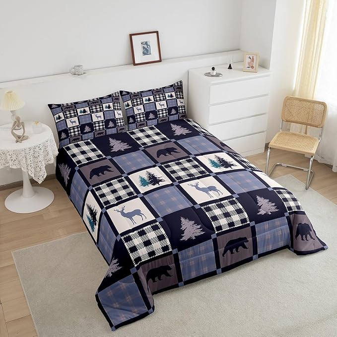 Rustic Bear Deer Patchwork Bedding Set - Lodge Decor, Vintage Farmhouse Wildlife Down Comforter Full, Geometric Grid Check Quilted Comforter with 2 Pillowcases