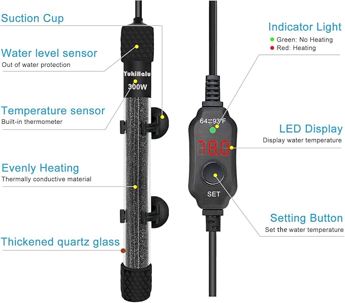 YukiHalu Small Submersible Aquarium Heater, Adjustable Mini Fish Tank Heater 25W 50W 100W 200W 300W with External Temperature Controller, LED Display, Used for 5/10/20/40/60 Gallons (300 Watt)