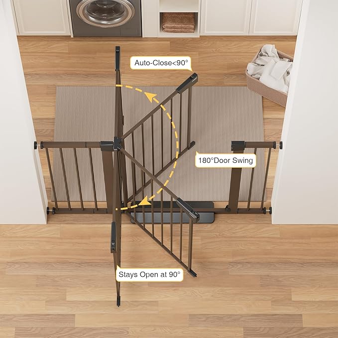 Cumbor 29.7-48" Baby Gate for Stairs, Mom's Choice Awards Winner-Dog Gate for Doorways, Auto Close Safety Pet Gate for Dogs Indoor, Easy Install Pressure Mounted Child Gate with Walk Thru Door, Brown