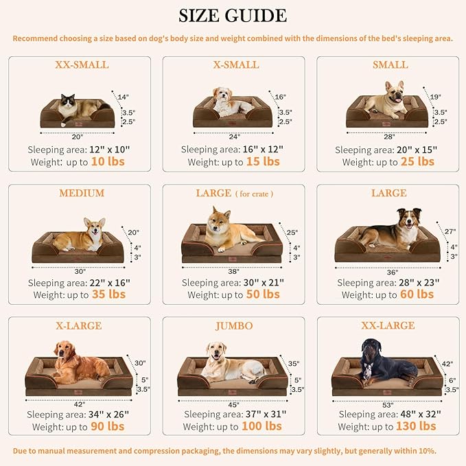 Comfort Expression Jumbo Dog Bed for Extra Large Dogs, Waterproof Orthopedic Dog Beds, PV Washable Sofa Bed, Large Breed Dogs Beds with Removable Cover & Non-Slip Bottom(Jumbo,Brown)