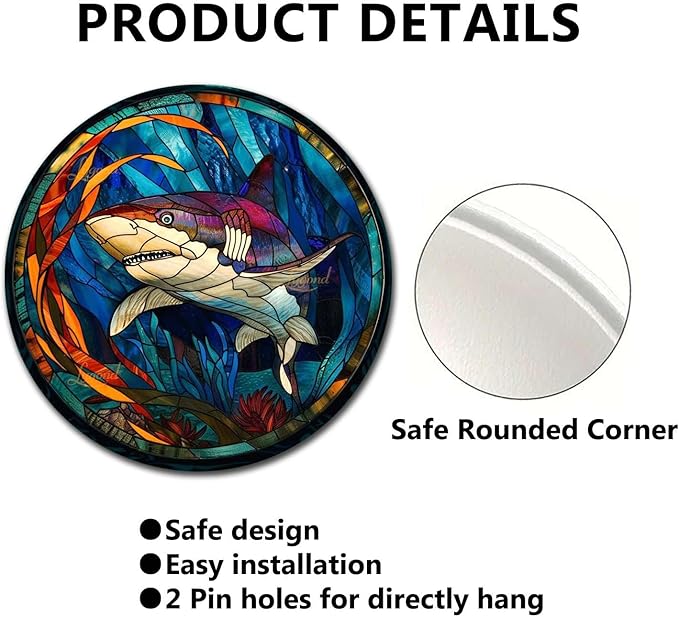 Lygond Metal Sign Tin Sign Circular Stained Glass Shark2 Home Deccor Store Home Decor for Patio 12×12 Inches