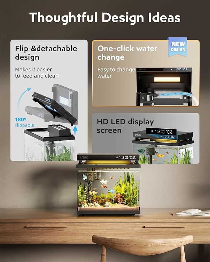 Fish Tank Smart Aquarium Kit: 2 Gallon UHD Glass Silent Water Pump Self Cleaning Multi-layer Filtration System - Temperature Sensing 7-color Lighting for Small Fish Betta Kids Room Desktop Decor Black