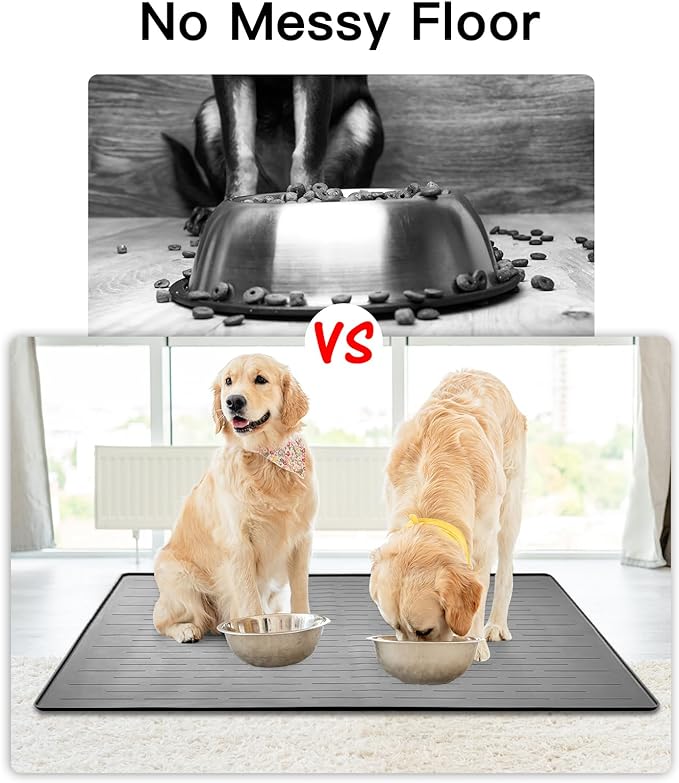 39.4"x29.5" Large Pet Food Mat, Silicone Dog Mats for Food and Water, Nonslip Pet Feeding Mats for Floors,Dog Cat Bowl Mat with Raised Edges, Dark Gray