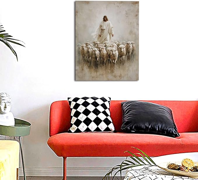 Jesus and Lamb Wall Art Christian Jesus Lamb Canvas Wall Decor Christ Religious Pictures painting Print Framed Artwork Decorations Gifts for Living Room Bedroom Prayer Room Church 16"x20"