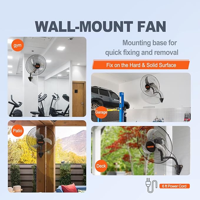 VEVOR 20 inch Wall Mount Fan Oscillating, 3-speed High Velocity Max. 4650 CFM Industrial Wall Fan for Indoor, Commercial, Residential, Warehouse, Greenhouse, Workshop, Basement, Black, ETL Listed