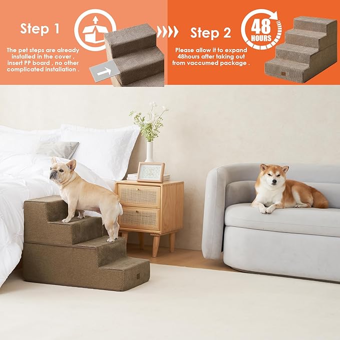 EHEYCIGA Dog Stairs for Bed 20" H, 4-Step Extra Wide Dog Steps for High Bed, Pet Steps for Small Dogs and Cats, Non-Slip Balanced Pet Ramp Indoor, Camel