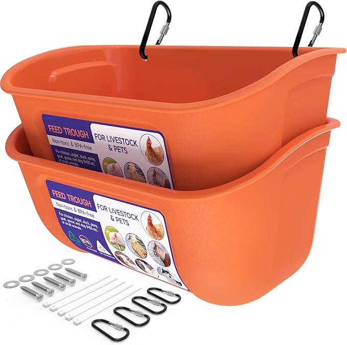 Goovilla Chicken Feeder Waterer, Hanging or Screw-in Fence Feeder with Clips, 2 Pack 5 Quart Goat Feeder Supplies, Duck Piglet Sheeple Coop Dog Livestock Poultry Plastic Feeder Trough Bucket, Orange