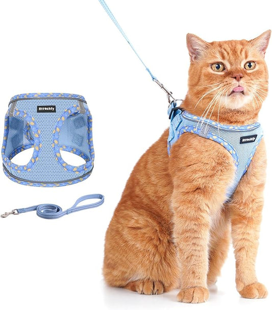 Rttochfy Cat Harness and Leash Set, Escape Proof Kitten Harness, Soft and Breathable Vest with Reflective Strip, Easy to Wear for Cats Walking and Traveling (Blue, L)