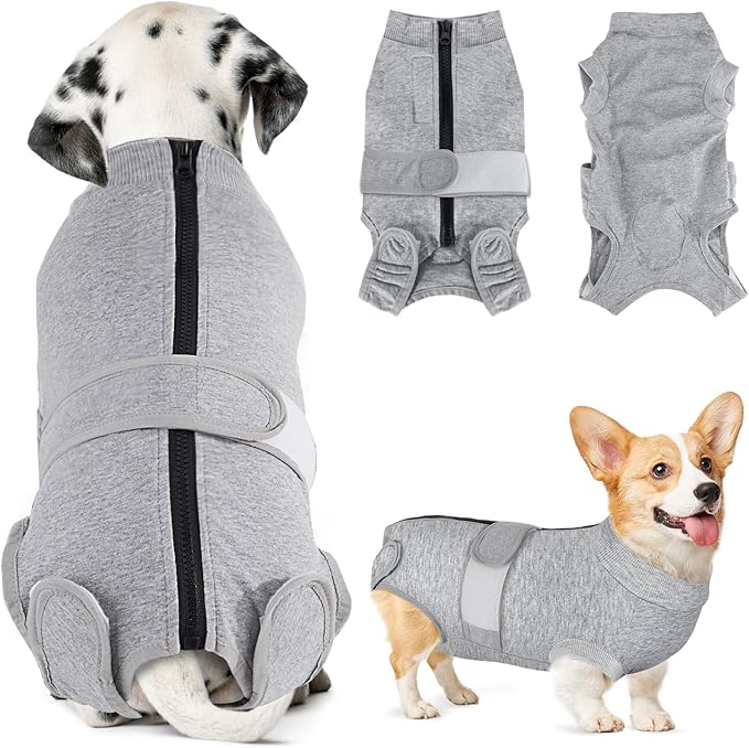 Lukovee Recovery Suit for Dogs, Zipper On Recovery Suit for Female Male Dog, Onesie Abdominal Wounds Cone E-Collar Alternative Prevent Licking Spay Recovery Suit (GY,XXL)