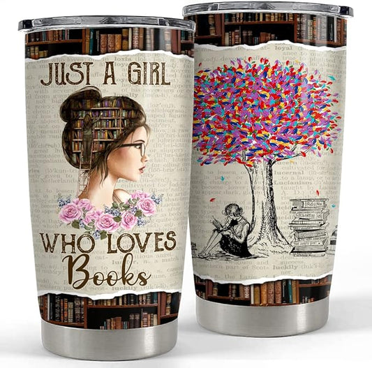 SANDJEST Book Lovers Tumbler Just A Girl Who Loves Books 20oz Tumblers with Lid Gift for Librarian Book Lover Women Readers Bookworm Christmas Holiday Birthday