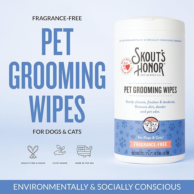 SKOUT'S HONOR Pet Grooming Wipes for Dogs and Cats - Deodorizing, Plant-Based, Biodegradable, Fragrance-Free - for Paws, Faces, Skin Folds & Bums, 80 Count