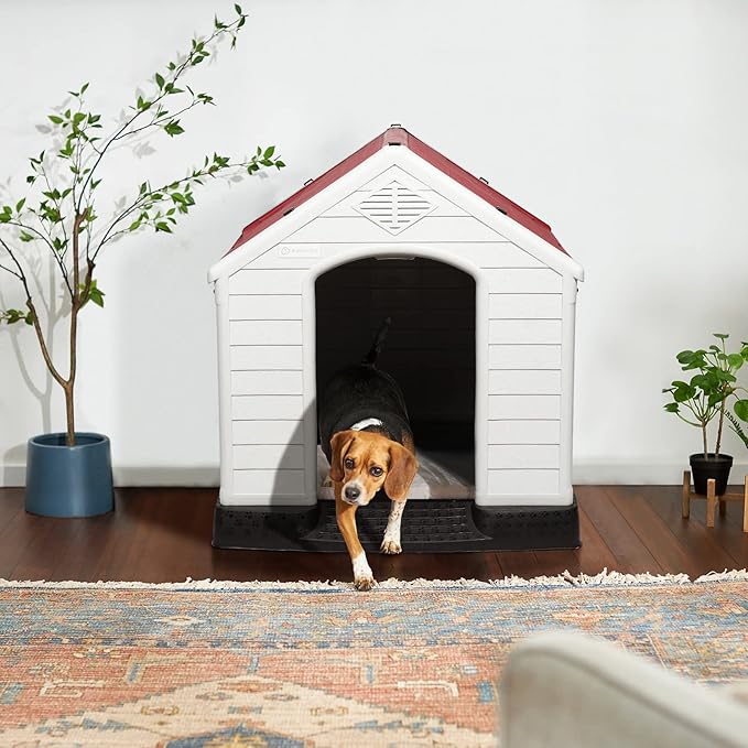 LEMBERI Durable Waterproof Plastic Dog House for Small to Large Sized Dogs, Indoor Outdoor Doghouse Puppy Shelter with Elevated Floor, Easy to Assemble (Red, 34''L*31''W*32''H)
