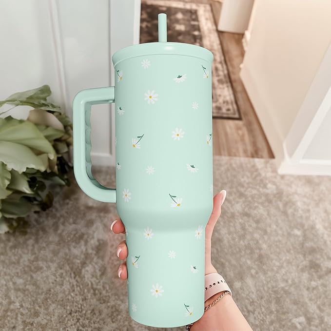SANDJEST Daisy 40oz Tumbler with Handle and Straw – Flower Insulated Stainless Steel Travel Coffee Mug for Women Girls - Gift Idea for Birthday Christmas Mothers Day