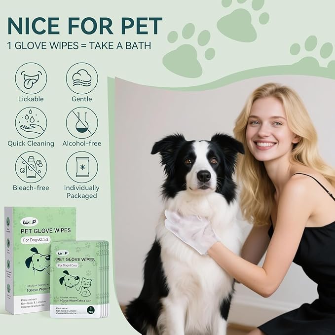 WLP Cleaning & Deodorizing Glove Bath Wipes for Dogs and Cats, Hypoallergenic Nourish Fur Aloe Extract Jojoba Oil Pet Grooming Wipes for Daily and Travel (30 PCS)