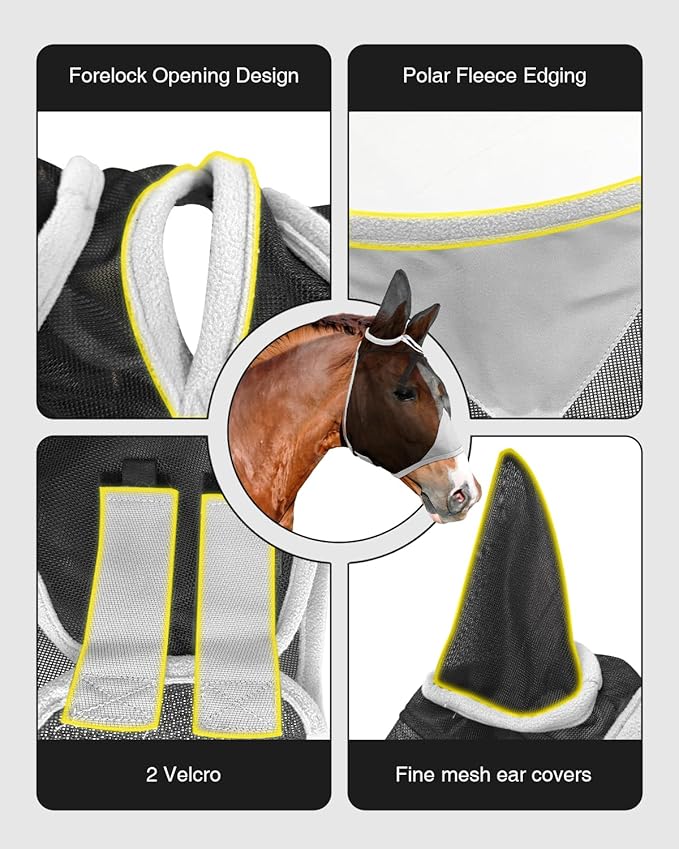 Hilltown Adjustable Fly Mask for Horse with Ears - UV-Block, Large Eye Space, Breathable, Built to Last, Comfort Fit - Horse Fly Mask for Daily Stable, Hot Weather Riding & Competition - Pony, Grey