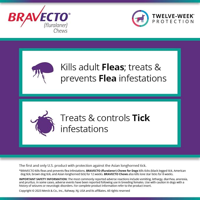 BRAVECTO Chew for Dogs, Flea & Tick, 1 Chew, 12 Week Supply, 88-123 lbs., Pink Box
