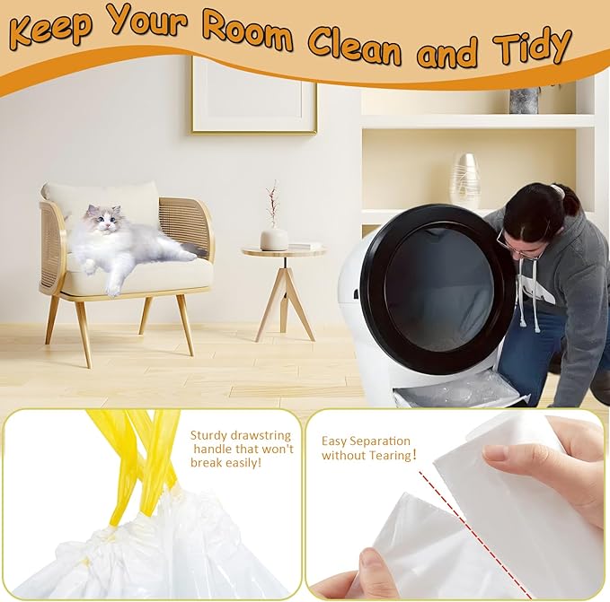 120-Count Cat Litter Box Liners with Drawstring, Compatible with Litter-Robot 3/4, 26.6”X16.7” Heavy Duty Cat Litter Trash Bags, Leak-Proof and Tear-Resistant (26.6”X16.7” 120-Count)