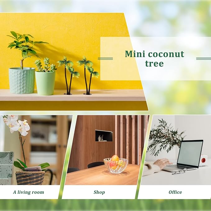 Plastic mini Palm Tree, Green Palm Tree Coconuts Topper Scale Scenery Miniature Figurines Micro Aquarium Plant Building Model Landscape