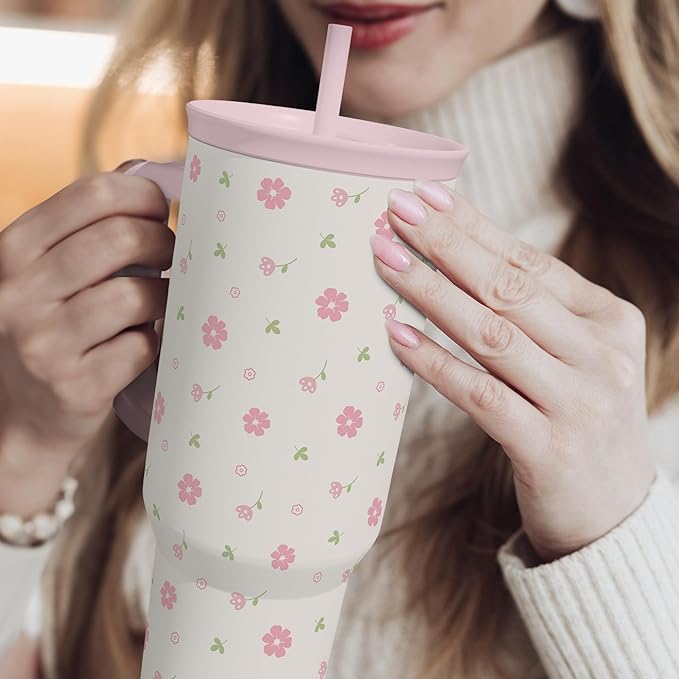 SANDJEST Floral 40oz Tumbler with Handle and Straw – Flowers Insulated Stainless Steel Travel Coffee Mug for Women Girls - Gift Idea for Birthday Christmas Mothers Day