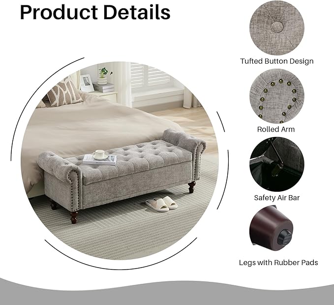 58.1'' Storage Bench Upholstered Chenille End of Bedroom Bed Bench Ottoman with Tufted Cushioned Rolled Arm Large Storage Space for Reading Living Room Entryway, Light Grey