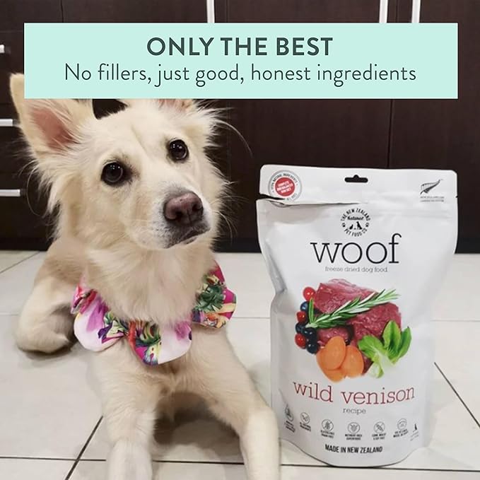 WOOF Wild Venison Freeze Dried Raw Dog Food, Mixer, or Topper, or Treat - High Protein, Natural, Limited Ingredient Recipe 9.9oz