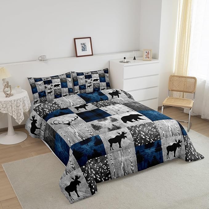 Rustic Bear Bedding Set King Size,Farmhouse Moose Elk Deer Comforter Sets Cabin Lodge Decor,Hunting Animal Quilt Set,Blue Grey Buffalo Plaid Check Patchwork Down Comforter with 2 Pillowcases