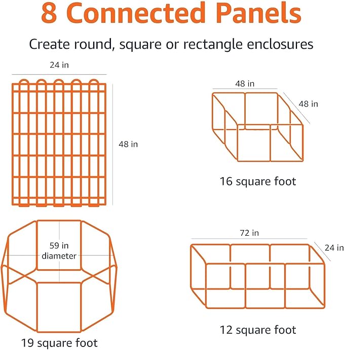 Amazon Basics Foldable Octagonal Metal Exercise Dog Playpen - Indoor/Outdoor, No Door, Extra Large (8 Panels, 24 x 48), Easy to assemble, store, and customize, 48" - X-Large, Black