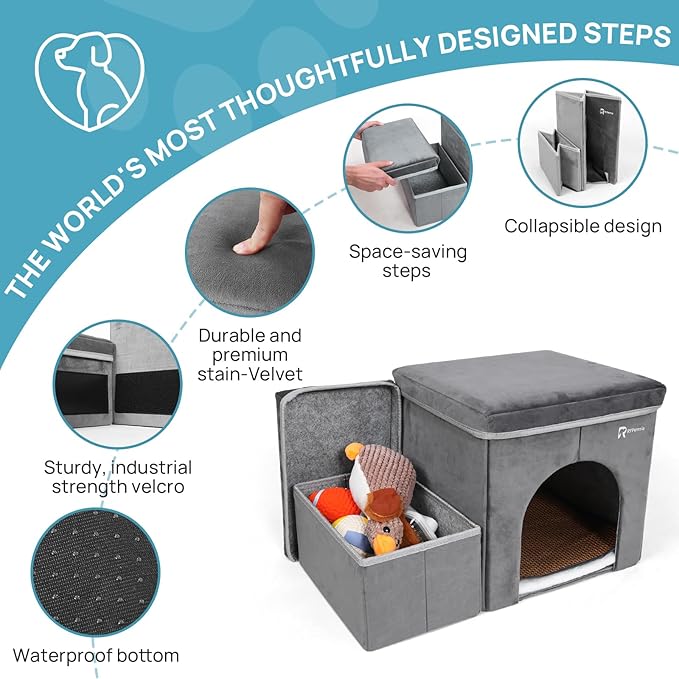 Foldable Pet Stairs for Beds & Sofas - Non-Slip Dog Steps with Storage for Small to Medium Dogs & Cats, Supports up to 120 lbs - Durable 2 & 3-Step Doggie Ladder for Easy Access