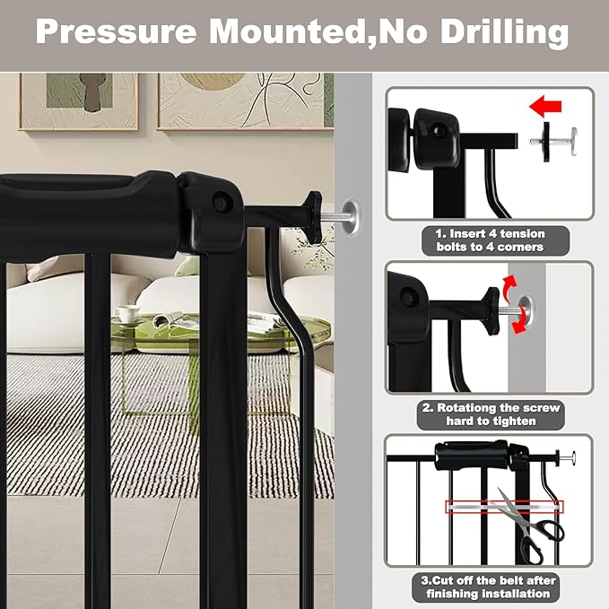 Fairy Baby Walk Through Baby Gate 43.5-48 Inch Wide, Pressure Mounted Safety Gate with Door No Drill, Black Tension Metal Gate for Dog and Toddler