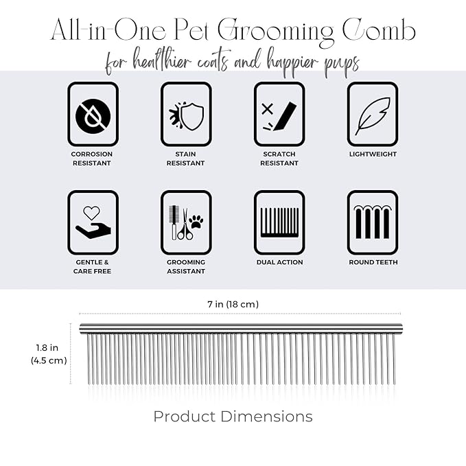 Flexzion Grooming Comb for Dogs – Stainless Steel Professional Cat Comb and Animal Tool for Removing Tangles and Knots on Medium Pets with Smooth Needle Teeth – 45mm, 1 Large