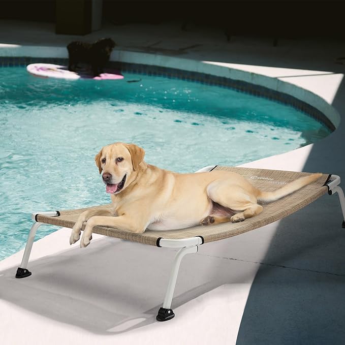Veehoo Elevated Dog Bed for Outdoor, Cooling Waterproof Raised Dog Cots Beds for Large Dogs, Curved Off Ground Pet Hammock Cot Lifted for Outside, up to 85lbs, White Legs, Beige 42"