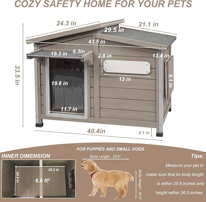 43" L Outdoor Extra Large Dog House with Removable Floor, Raised Feet, Anti-Chewing Iron Frame – Wooden Kennel with Asphalt Roof, Window for Indoor/Outdoor Use, Ideal for Medium to Large Dogs