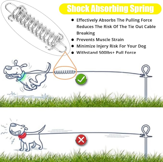 Jenico Dog Tie Out Cable, 10/15/20/30/40/50/70/100/150FT Runner Cable with Swivel Hook and Shock Spring, Yard and Camping Dog Leash Run Tether, Up to 500 LBS