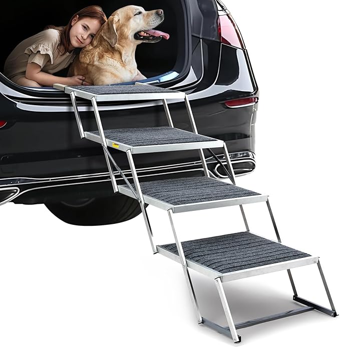 20" Extra Wide Dog Ramp, 4-Step Foldable Pet Stairs with Non-Slip Carpet - Lightweight Aluminum for SUV/Truck/Car & High Beds - Supports Large Dogs up to 200Lbs