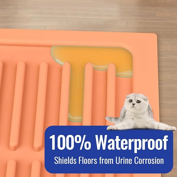 Rubber Litter Box Mat: Cute Cat Litter Trapping Mat - Peach Pink Easy Clean Kitty Litter Catcher Mat for Floor - Waterproof Litter Tracking Mat (24” x 15”)