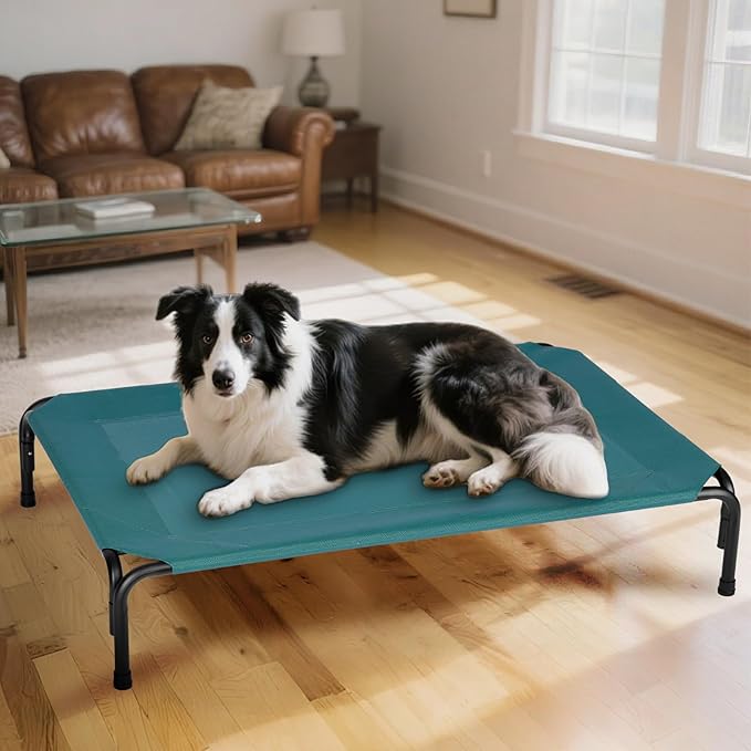 Elevated Dog Bed for Outdoor, XXXL Raised Dogs Cot with Washable Mesh, Cooling Pet Beds Chew Proof Dog Hammock, Metal Frame Lifted Platform for Training Outside Camping, 59 inch Green