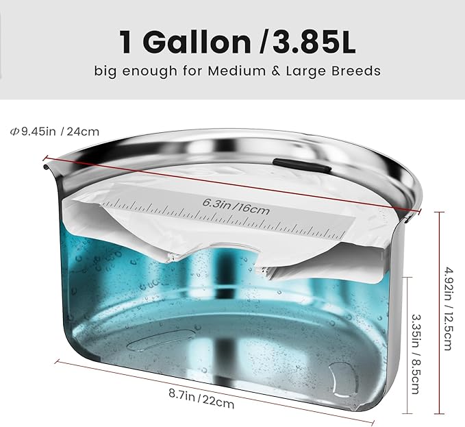 Gardner Pet Dog Bowls 1 Gallon (3.85L) Stainless Steel No Spill Dog Water Bowl, Slow Water Feeder Metal Bowls, Spill Proof Water Dispenser for Large Dogs, Promotes Healthy Hydration(Black)